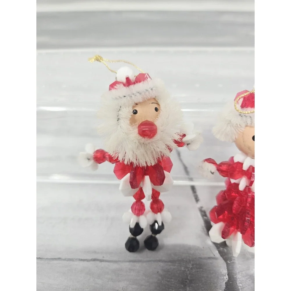 Vintage Safety‎ Pin Ornaments Beaded Handmade Christmas Santa  Mrs Claus 1960's